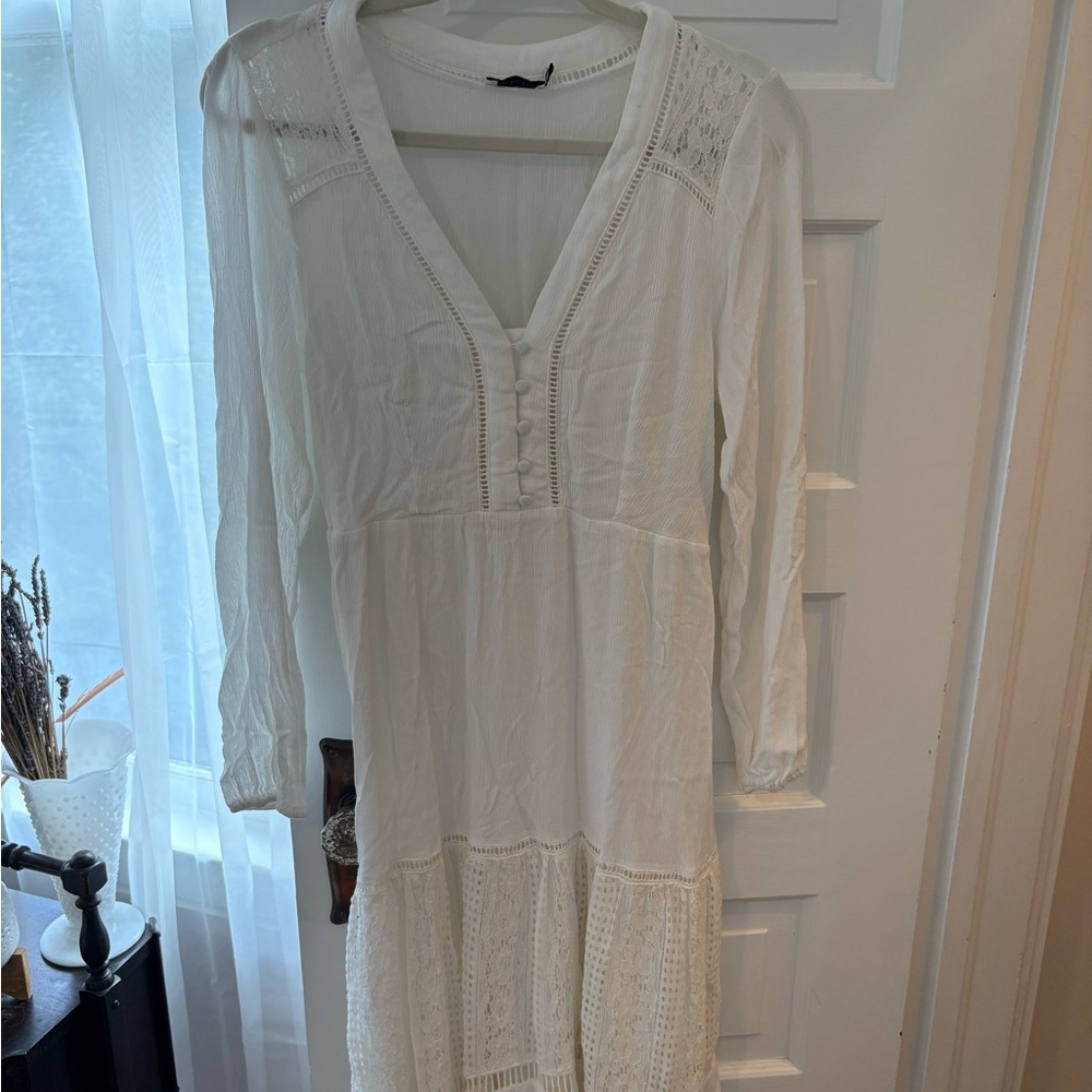 Lush White Long Sleeve Dress with Lace Detail